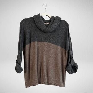 LOFT Colorblock Cowlneck 3/4 Sleeve Sweater Grey Tan Size Small